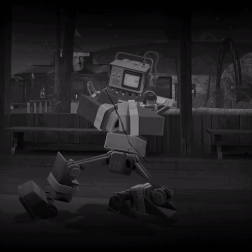 A Black And White Photo Of A Robot With A Burger Sign Behind Him GIF