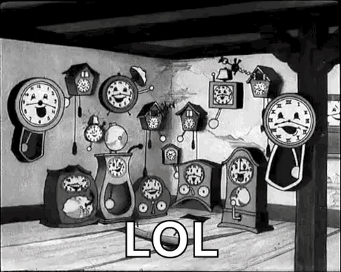 A Black And White Photo Of A Room Filled With Clocks . GIF