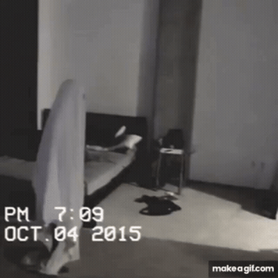 A Black And White Photo Of A Room With A Bed And A Ghost . GIF
