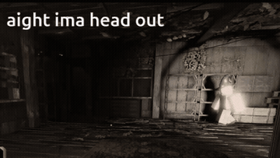 A Black And White Photo Of A Room With The Words Aight Ima Head Out Above It GIF