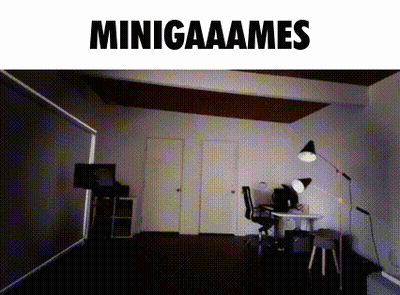 A Black And White Photo Of A Room With The Words Minigaaames On Top GIF