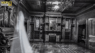 A Black And White Photo Of A Room With The Words Voce Sabia GIF