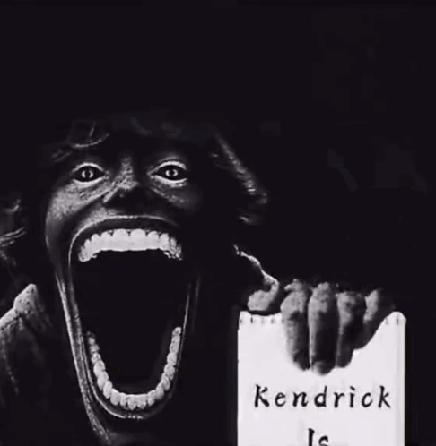 A Black And White Photo Of A Screaming Person Holding A Notepad That Says Kendrick Is Listening GIF