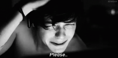 A Black And White Photo Of A Shirtless Man Crying With The Words `` Please '' Written On The Bottom . GIF