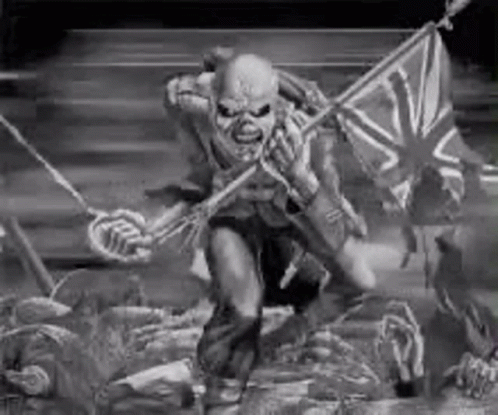 A Black And White Photo Of A Skeleton Holding A British Flag . GIF