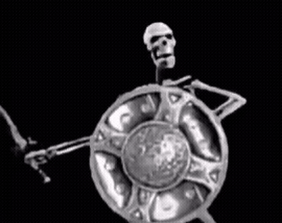 A Black And White Photo Of A Skeleton Holding A Shield And Sword . GIF