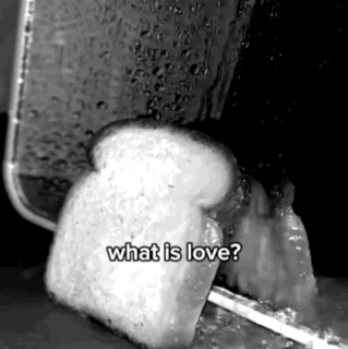 A Black And White Photo Of A Slice Of Bread Being Toasted With The Words `` What Is Love '' Written On It . GIF
