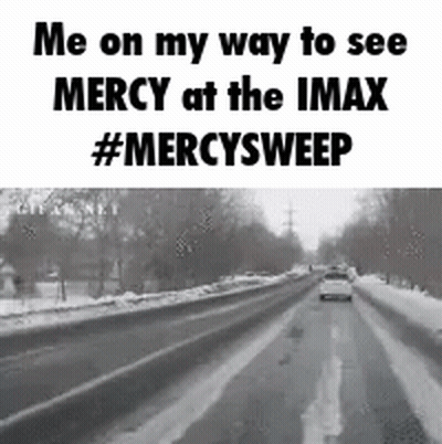 A Black And White Photo Of A Snowy Road With The Words `` Me On My Way To See Mercy At The Imax '' GIF