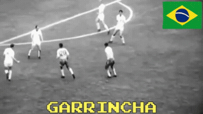 A Black And White Photo Of A Soccer Game With The Word Garrincha In Yellow GIF