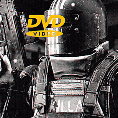 A Black And White Photo Of A Soldier With A Dvd Video Logo Above His Head GIF