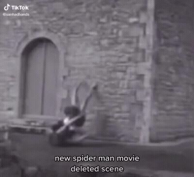 A Black And White Photo Of A Spider Man Movie Scene With The Caption " New Spider Man Movie Deleted Scene " GIF