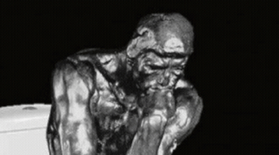 A Black And White Photo Of A Statue Of A Man Sitting On Top Of A Toilet . GIF