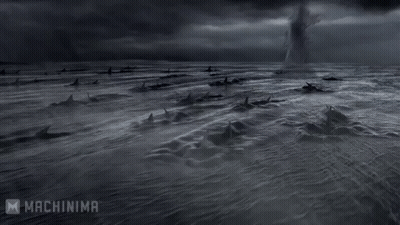 A Black And White Photo Of A Stormy Ocean With A Tornado Coming Out Of It . GIF