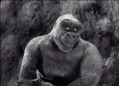A Black And White Photo Of A Stuffed Gorilla Sitting On A Rock . GIF