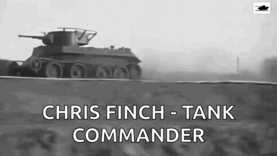 A Black And White Photo Of A Tank With The Words Chris Finch Tank Commander GIF