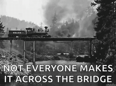 a black and white photo of a train crossing a bridge with the caption not everyone makes it across the bridge