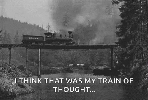 A Black And White Photo Of A Train Going Over A Bridge With The Caption I Think That Was My Train Of Thought GIF