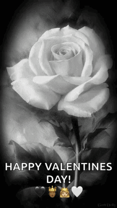 A Black And White Photo Of A White Rose With The Words Happy Valentines Day Below It GIF