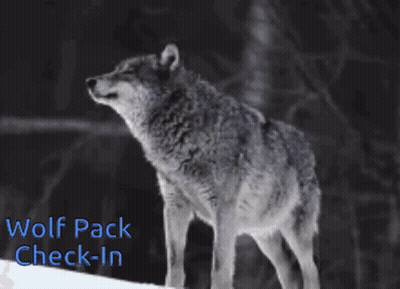 A Black And White Photo Of A Wolf With The Words Wolf Pack Check-In Above It GIF