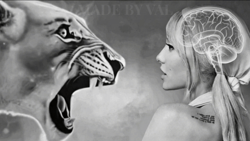 A Black And White Photo Of A Woman And A Lion With The Words Made By Val On The Bottom GIF