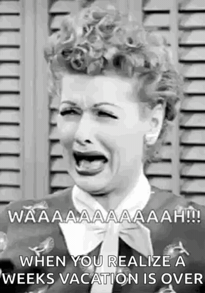 A Black And White Photo Of A Woman Crying With Her Mouth Open And A Vacation Is Over . GIF