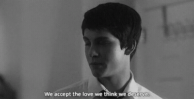 A Black And White Photo Of A Woman Crying With The Words We Accept The Love We Think We Deserve Below Her GIF