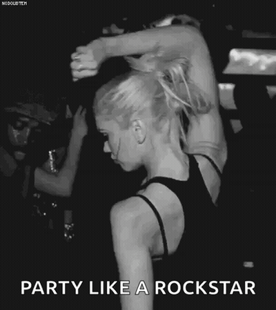 A Black And White Photo Of A Woman Dancing In A Crowd With The Words Party Like A Rockstar . GIF