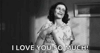 A Black And White Photo Of A Woman Holding Her Chest And Saying `` I Love You So Much ! '' GIF