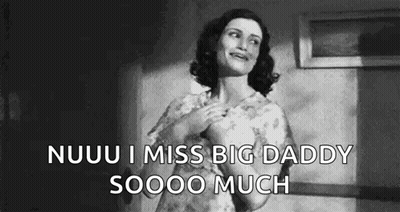 A Black And White Photo Of A Woman Holding Her Chest And Saying `` Nuuu I Miss Big Daddy So Much '' . GIF