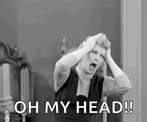 A Black And White Photo Of A Woman Holding Her Head And Saying Oh My Head . GIF