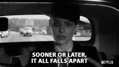 A Black And White Photo Of A Woman In A Car With The Words Sooner Or Later It All Falls Apart GIF