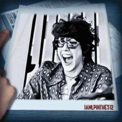 A Black And White Photo Of A Woman Laughing With The Name Iamlpinthe312 On The Bottom GIF