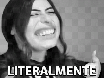 A Black And White Photo Of A Woman Laughing With The Words Literalmente Written Above Her . GIF