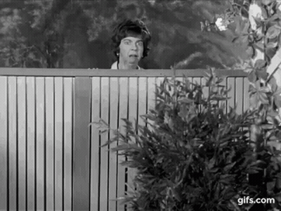 A Black And White Photo Of A Woman Peeking Over A Fence . GIF