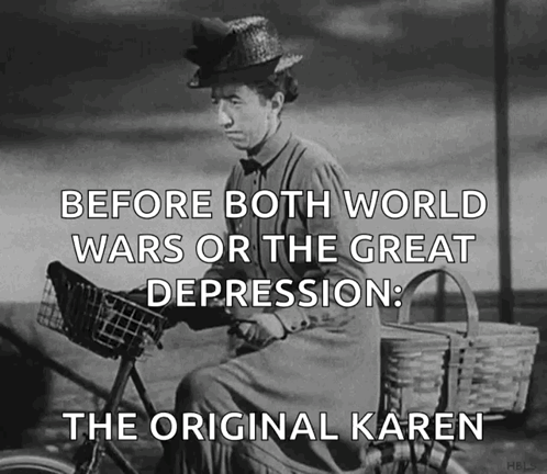 A Black And White Photo Of A Woman Riding A Bicycle With The Caption " Before Both World Wars Or The Great Depression " GIF