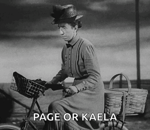 A Black And White Photo Of A Woman Riding A Bike With The Words Page Or Kaela Above Her GIF