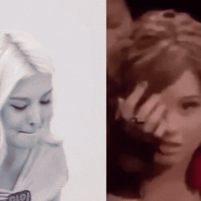 A Black And White Photo Of A Woman 'S Face And A Painting Of A Woman 'S Face . GIF