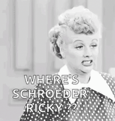 A Black And White Photo Of A Woman Saying `` Where 'S Schroeder Ricky ? '' GIF
