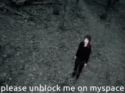 A Black And White Photo Of A Woman Screaming With The Words Please Unblock Me On Myspace Below Her GIF