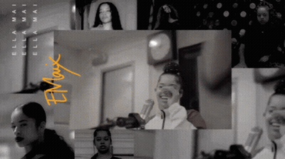 A Black And White Photo Of A Woman Singing Into A Microphone With Ella Mai Written In Yellow GIF