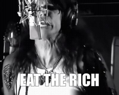 A Black And White Photo Of A Woman Singing Into A Microphone With The Caption Eat The Rich GIF
