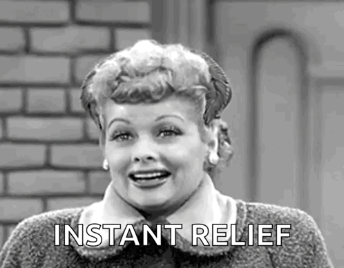 A Black And White Photo Of A Woman Smiling And Saying `` Instant Relief '' . GIF