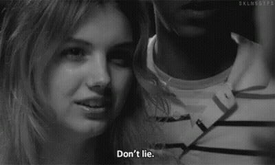 A Black And White Photo Of A Woman Smiling Next To A Man With The Words `` Don 'T Lie '' . GIF