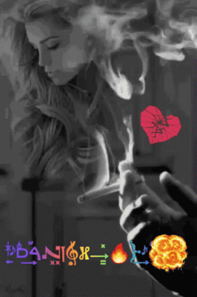 A Black And White Photo Of A Woman Smoking A Cigarette With The Words " Banish " On The Bottom Right GIF