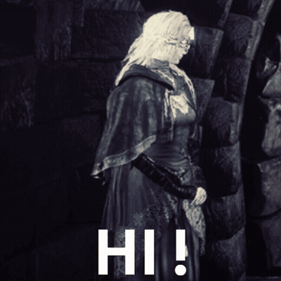A Black And White Photo Of A Woman Standing Next To A Brick Wall With The Words Hi Written In White GIF