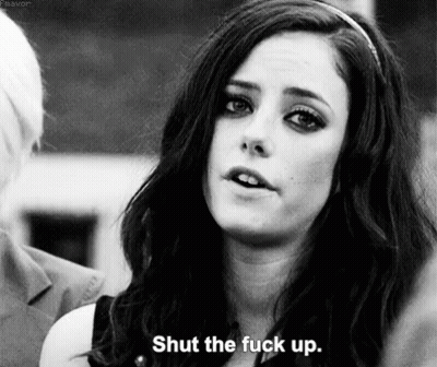 A Black And White Photo Of A Woman Talking To A Man And Saying `` Shut The Fuck Up '' . GIF