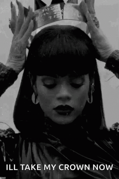 A Black And White Photo Of A Woman Wearing A Crown With The Words `` Ill Take My Crown Now '' . GIF