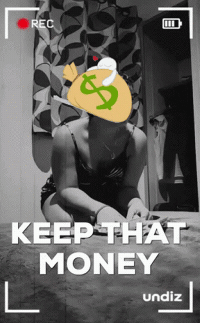 A Black And White Photo Of A Woman With A Bag Of Money On Her Head And The Words Keep That Money Underneath GIF