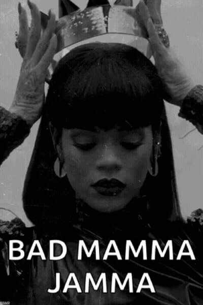 A Black And White Photo Of A Woman With A Crown On Her Head And The Words Bad Mamma Jamma Below Her GIF