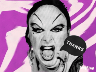 A Black And White Photo Of A Woman With A Speech Bubble Saying Thanks GIF
